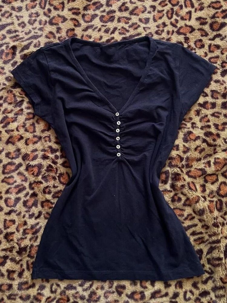 Korea Vintage Dark Blue T Shir - Vintage Fashion Korea ulasan dan harga