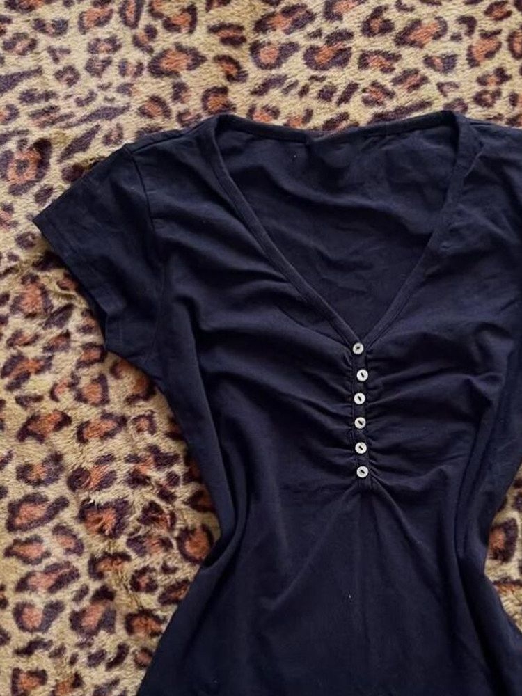 Korea Vintage Dark Blue T Shir - Vintage Fashion Korea ulasan dan harga